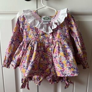 Floral Ruffle Collar Baby Dress Set - Pink, Purple & Yellow